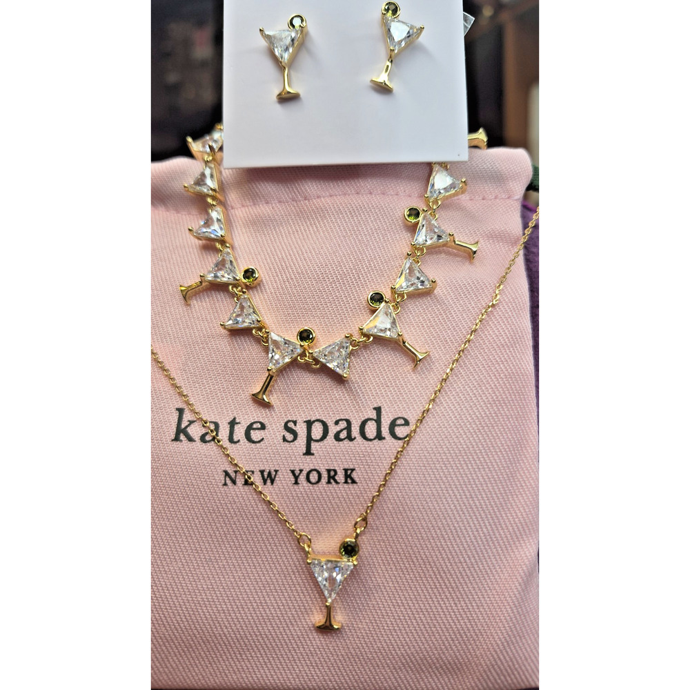 Kate Spade Martini Glass Jewelry Set Necklace Earrings Bracelet Gold Crystal New